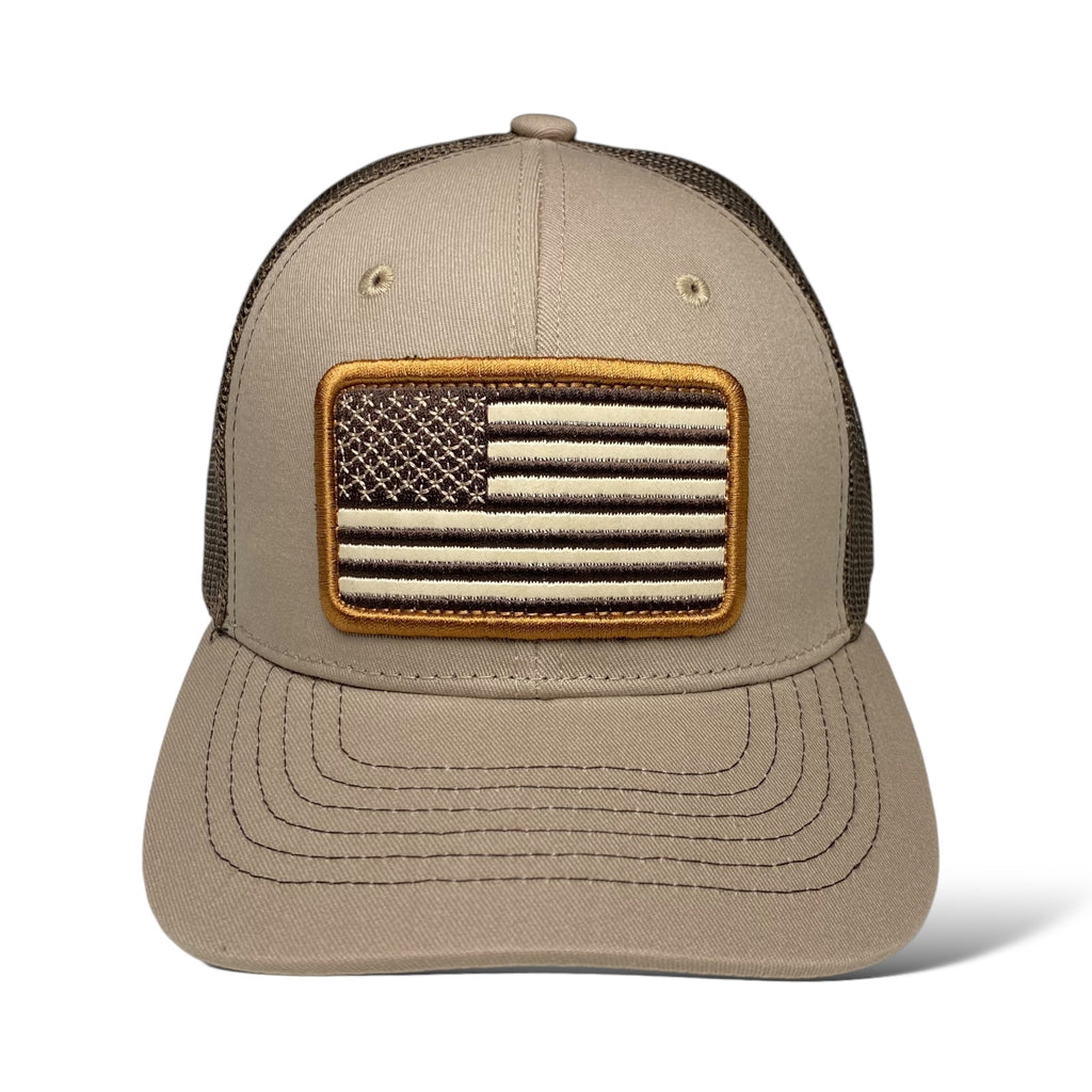 Tan and Brown Trucker Hat with Embroidered USA Flag Patch