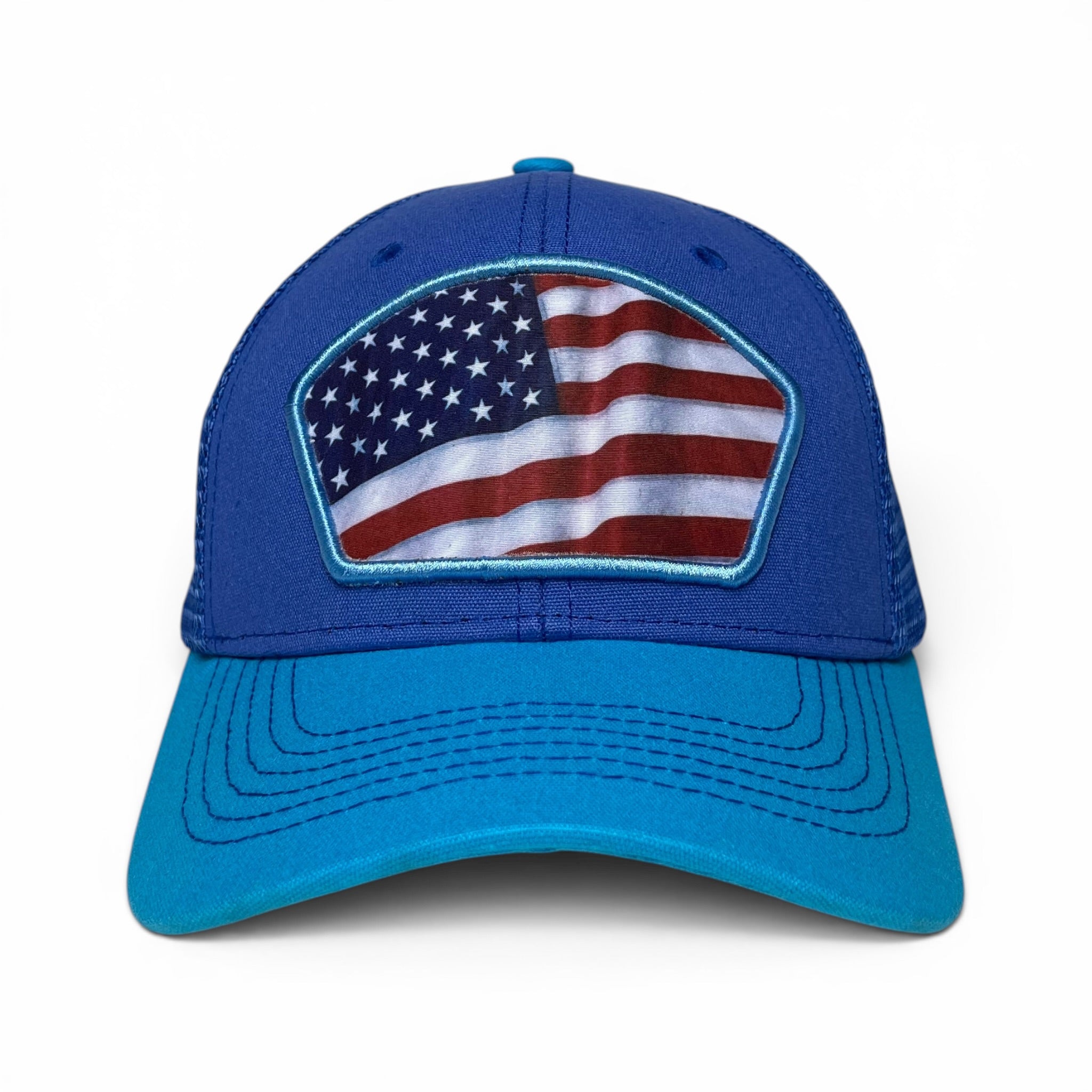 American Flag Trucker Snapback Cap – Blue, curved brim, Unisex