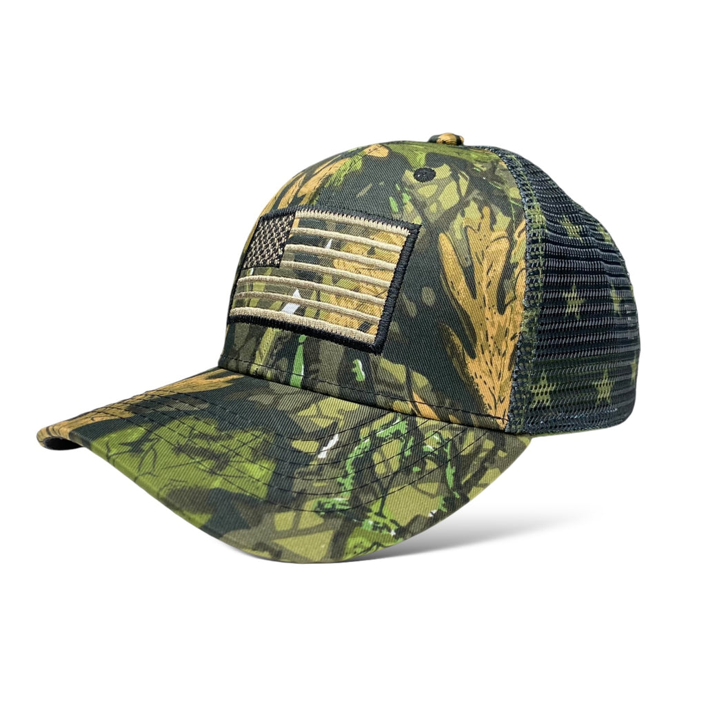 Trucker Hat with Camouflage Design, Embroidered USA Flag, and Tree & Leaf Patter