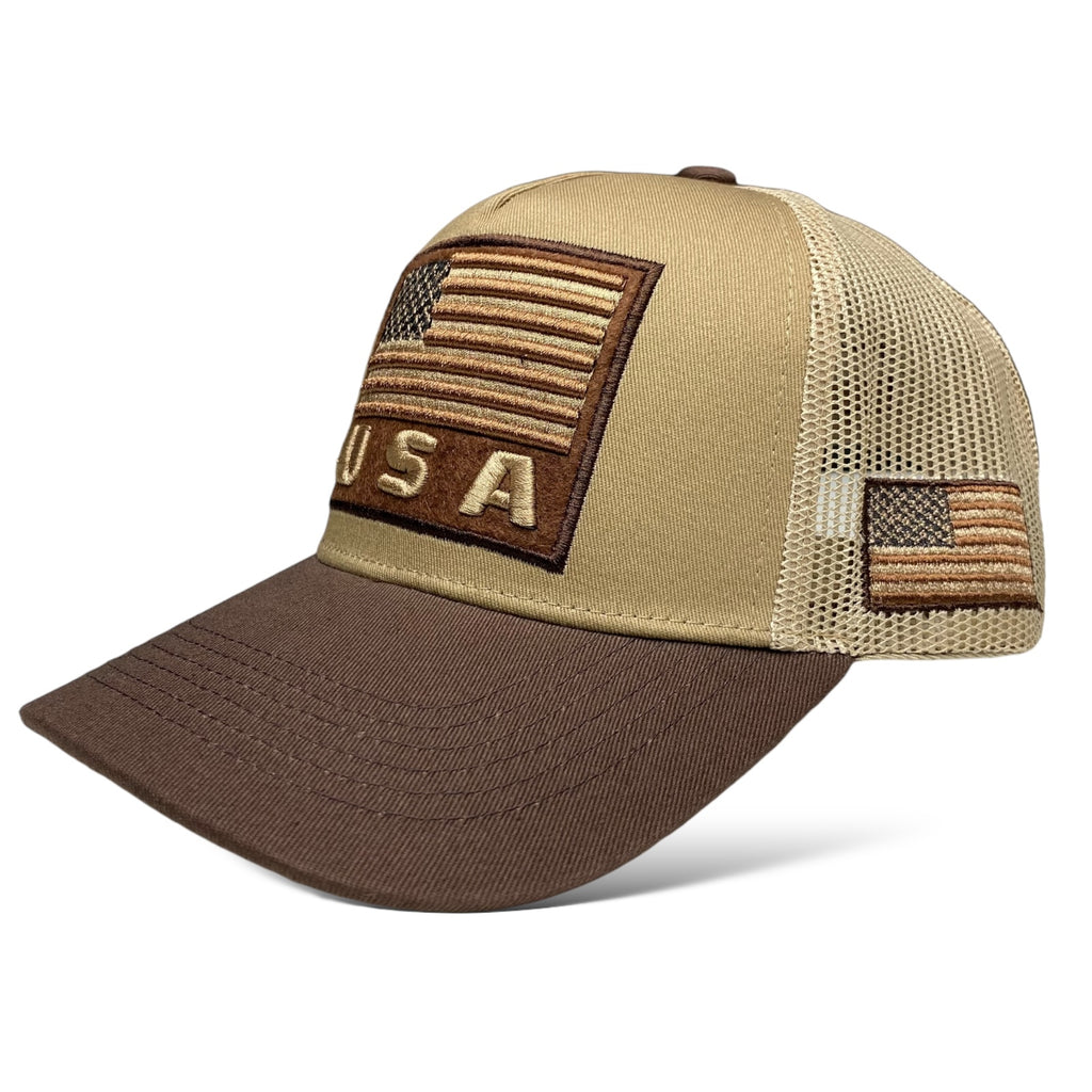 Wholesale Tan and Brown Trucker Hat with Embroidered USA Flag Patch