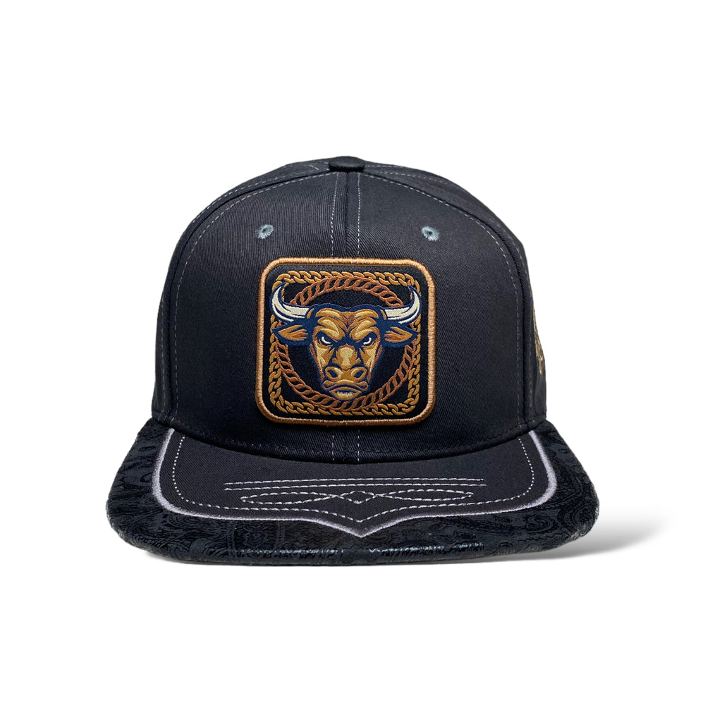 Black Western Style Snapback Cap with Embroidered Bull Patch