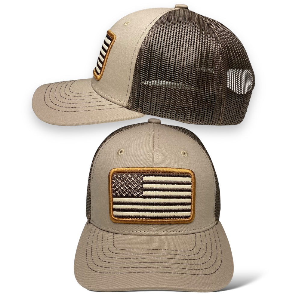 Tan and Brown Trucker Hat with Embroidered USA Flag Patch