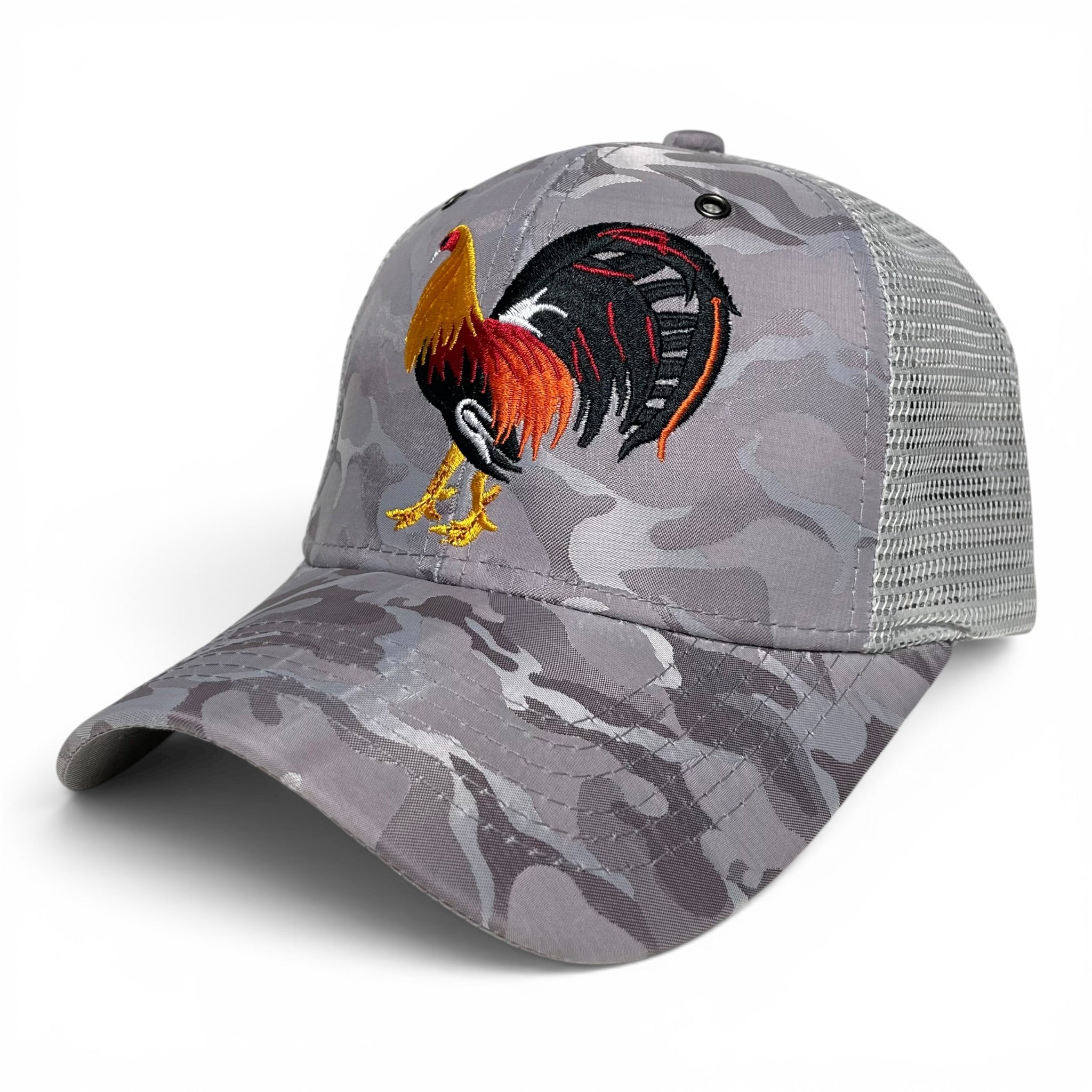Rooster Embroidered Trucker Snapback Cap Gray Camo Rodeo Style
