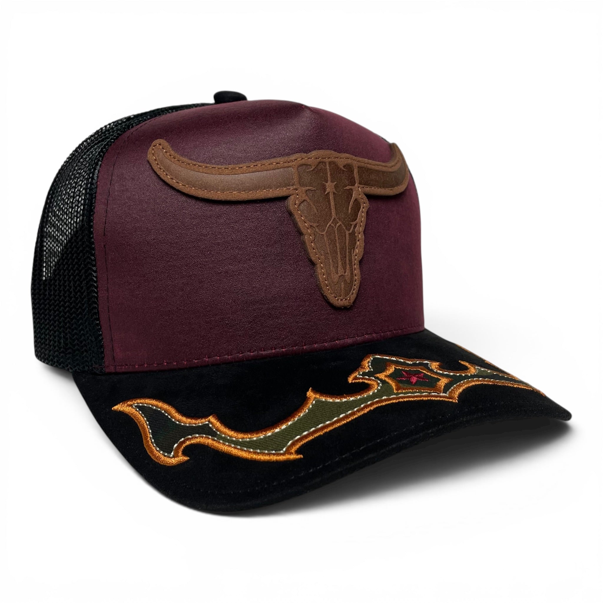 Western Long Horn Oil Leather Trucker Snapback Hat with Suede Visor