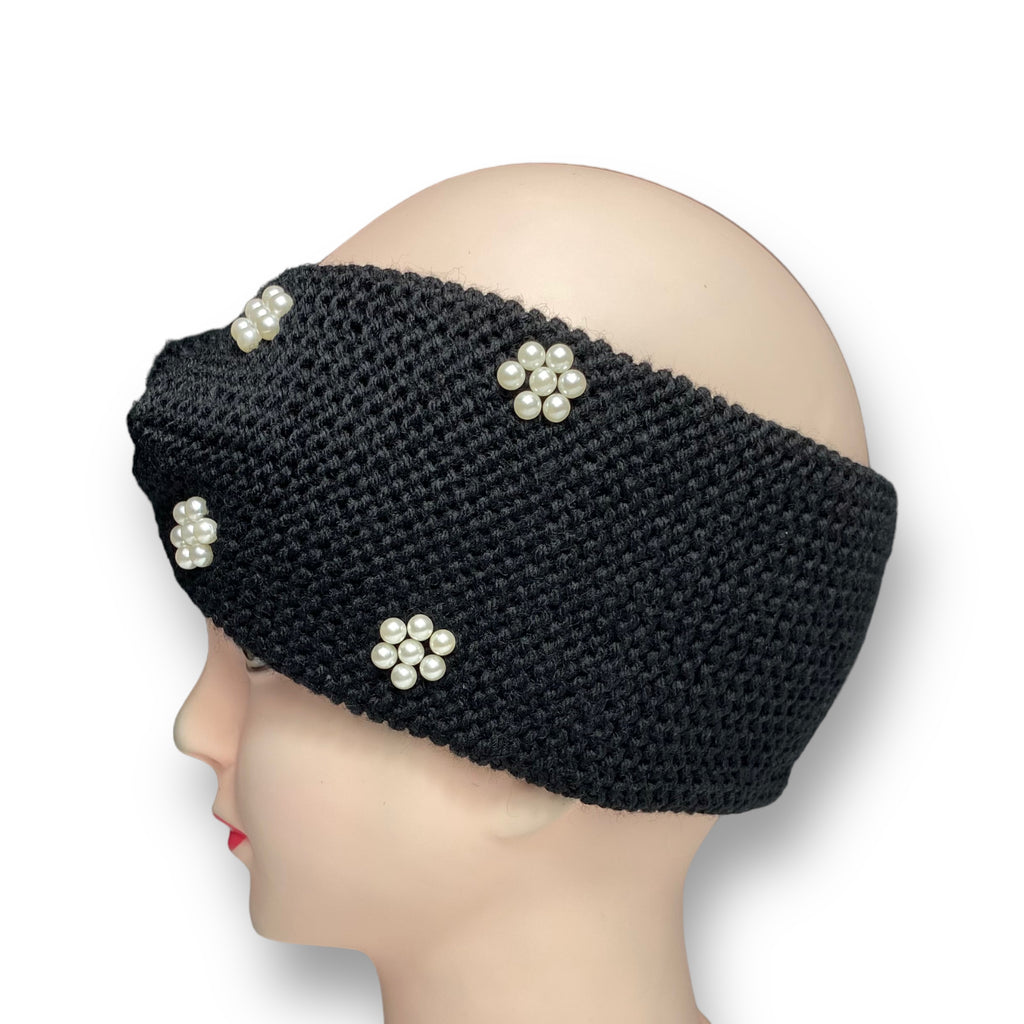 Women's Winter Knitted Headband Pearl Beads Ear Warmer Hairband – Black