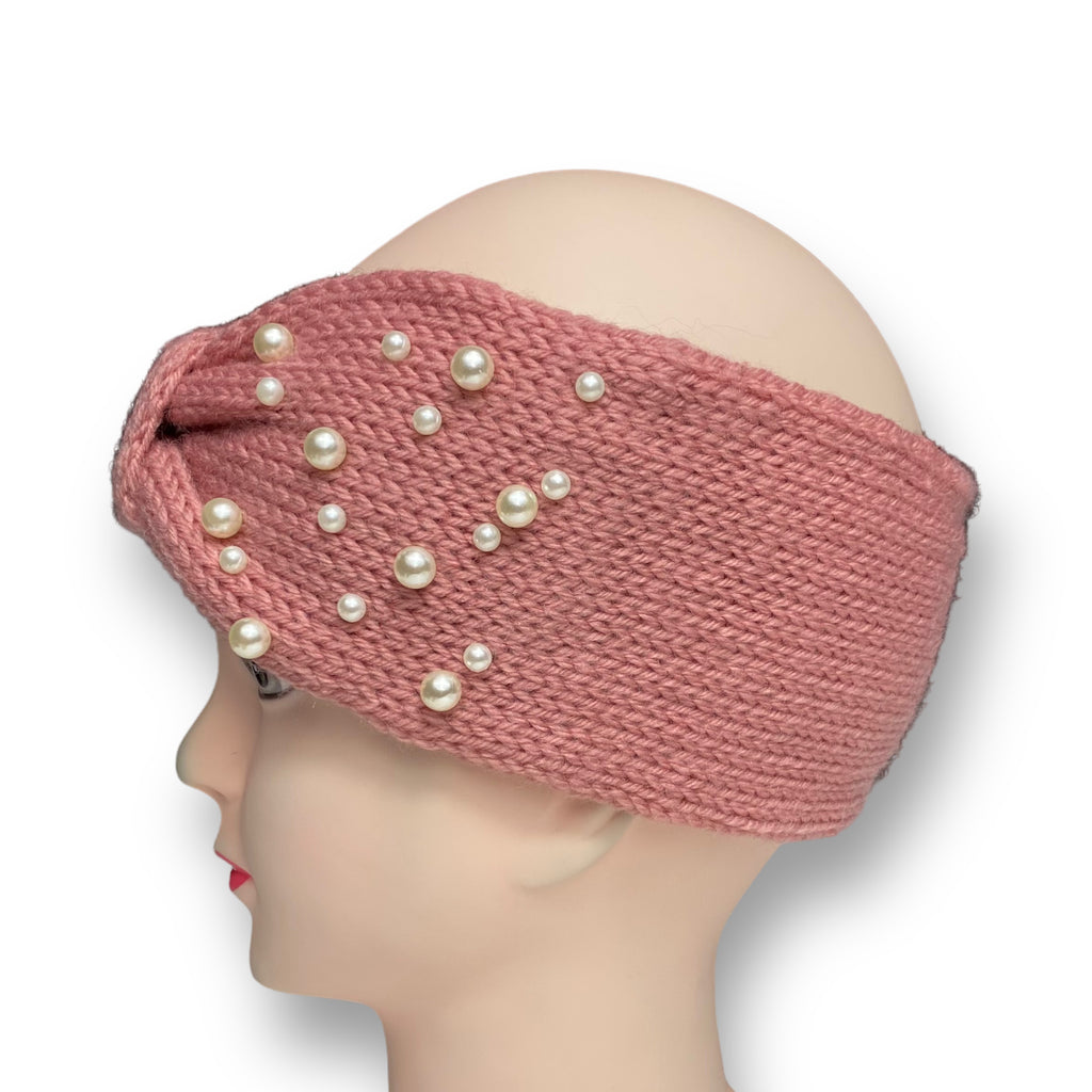 Women's Winter Knitted Ear Warmer Headband with Pearl Beads – Pink