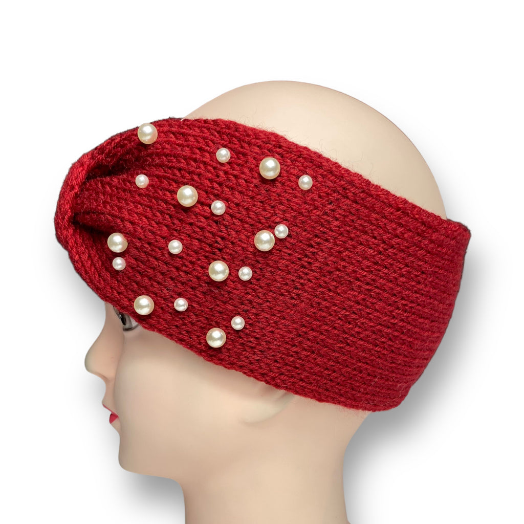 Women's Winter Knitted Ear Warmer Headband with Faux Pearl Beads – Red