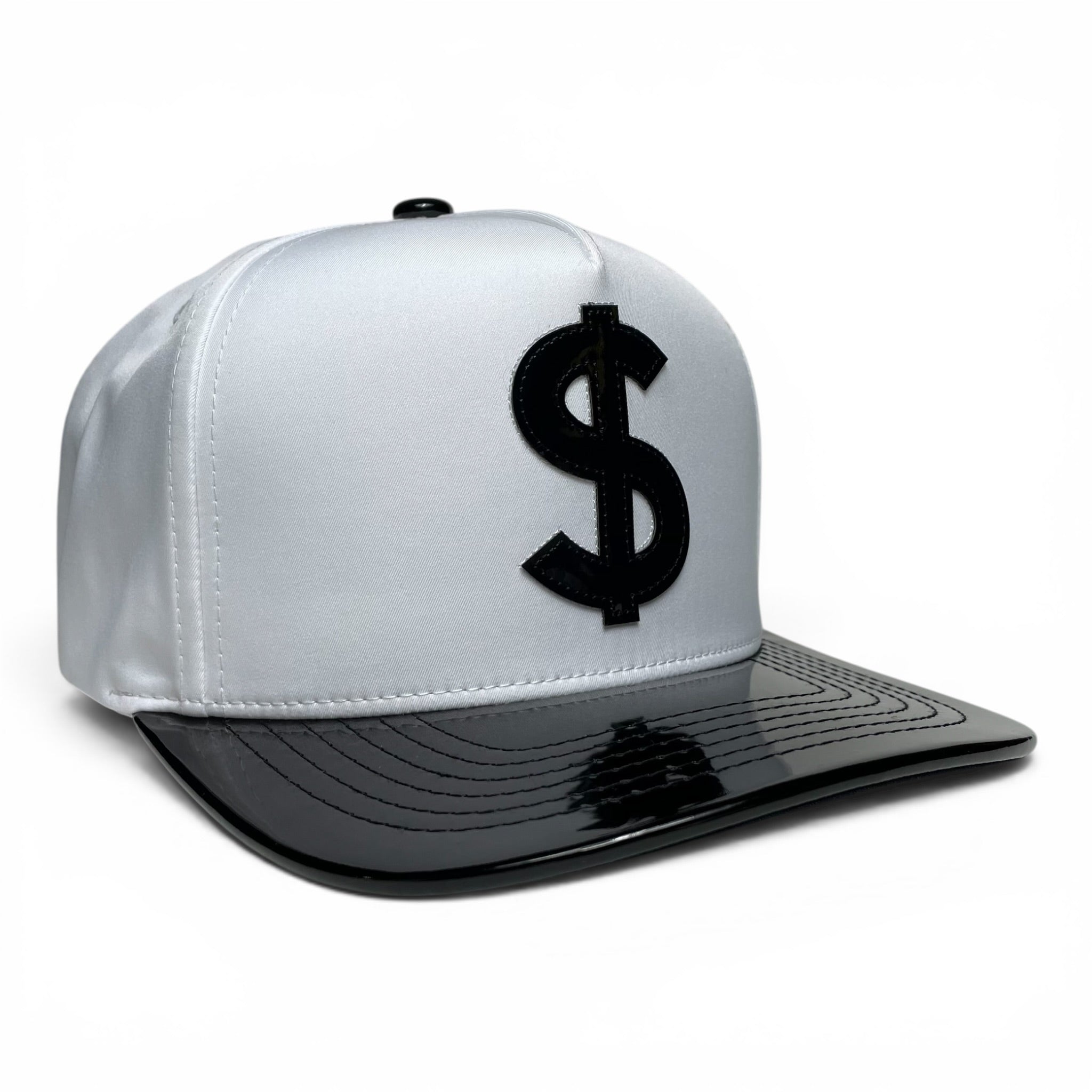 Dollar Sign Money Logo Snapback Hat, White and Black, Vinyl Flat Brim