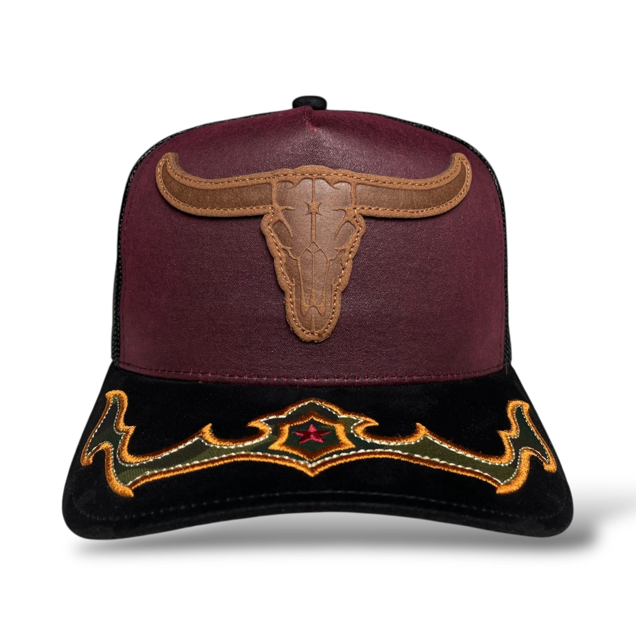 Cowboy Bull Longhorn Rodeo Western Trucker Hat with Suede Brim