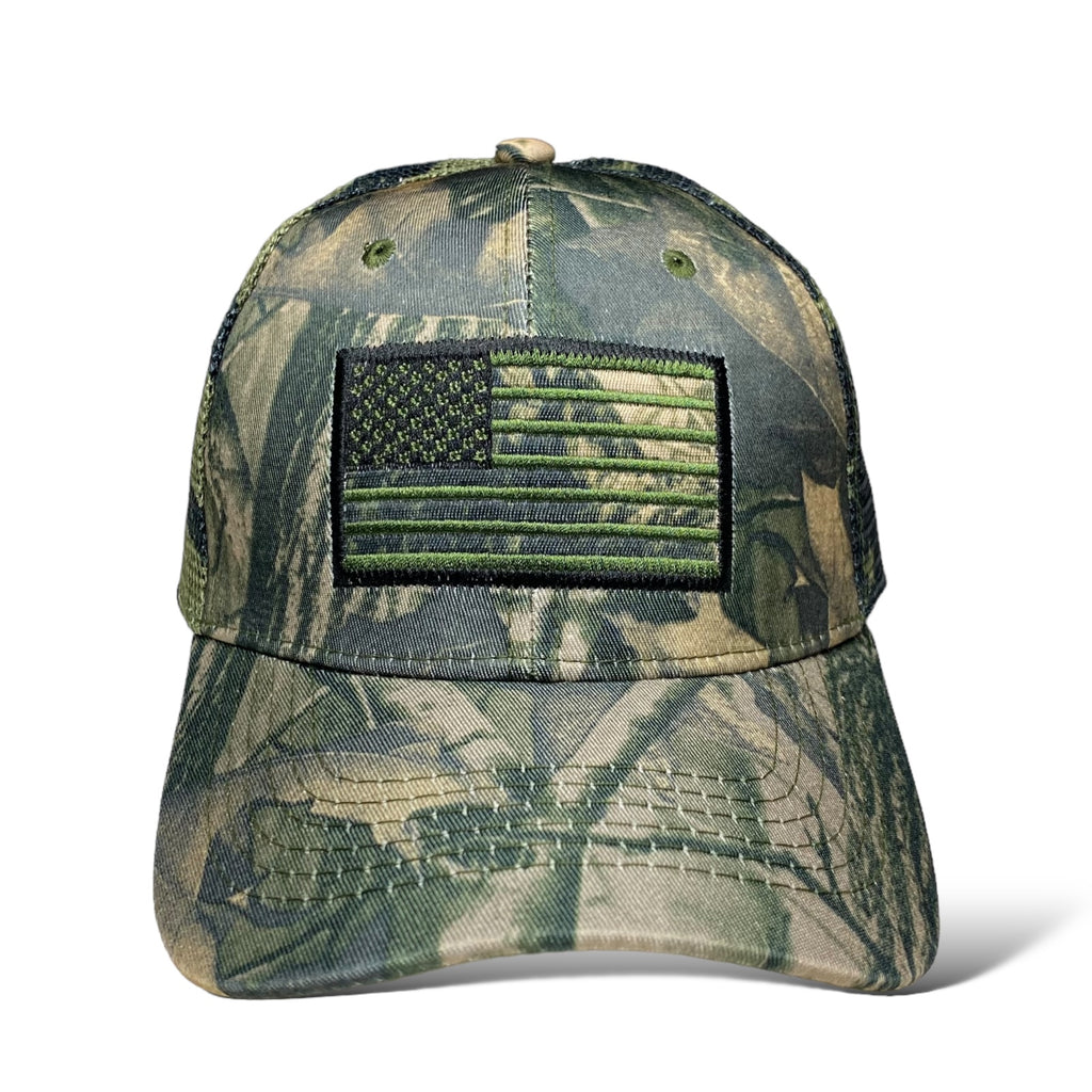 Camouflage Trucker Hat with USA Flag Embroidery - Tree and Leaf Pattern Cap