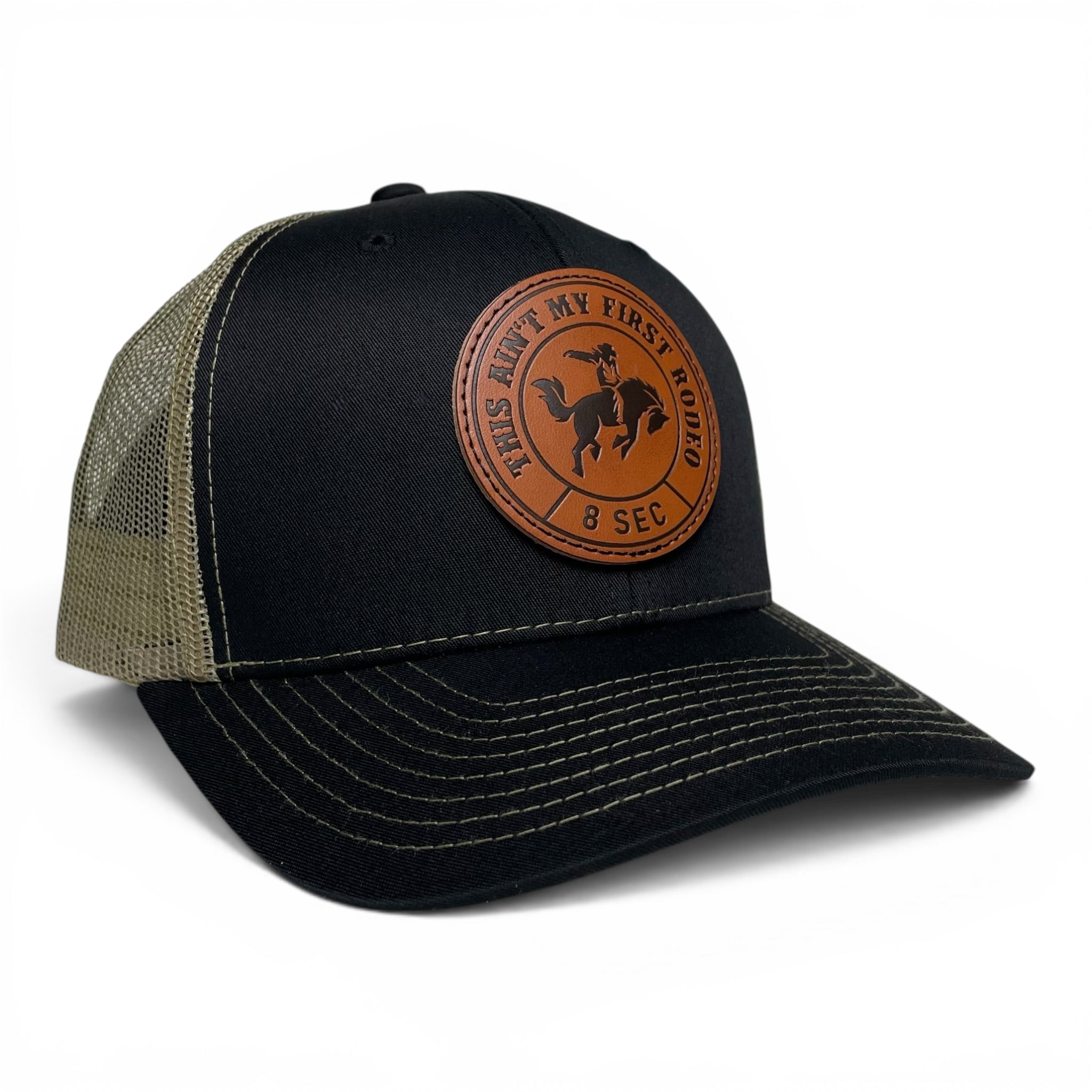Cowboy Horse Rodeo Leather Patch Trucker Hat, Black