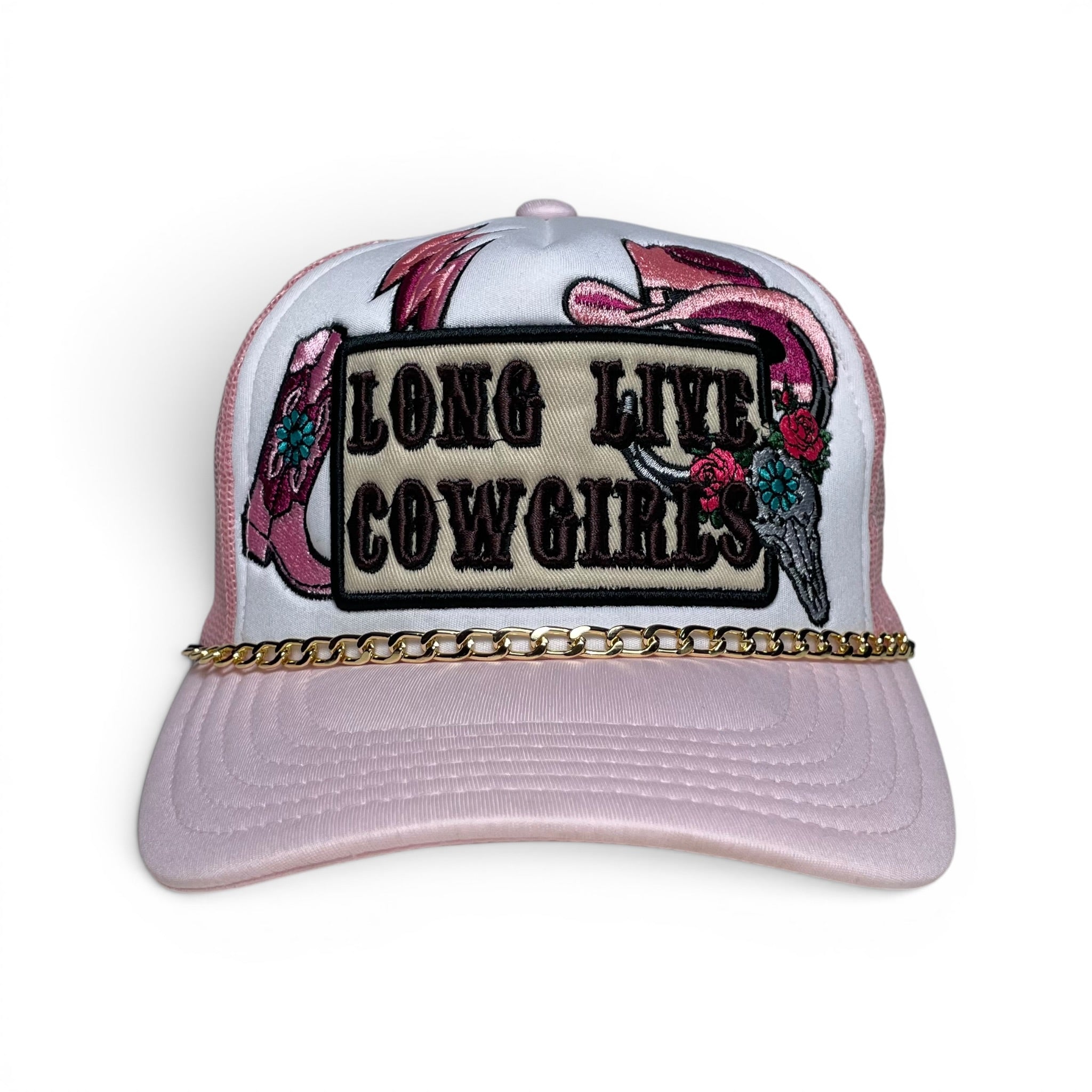 Women’s Cowgirl Boots Hat Embroidered Cap with Gold Chain