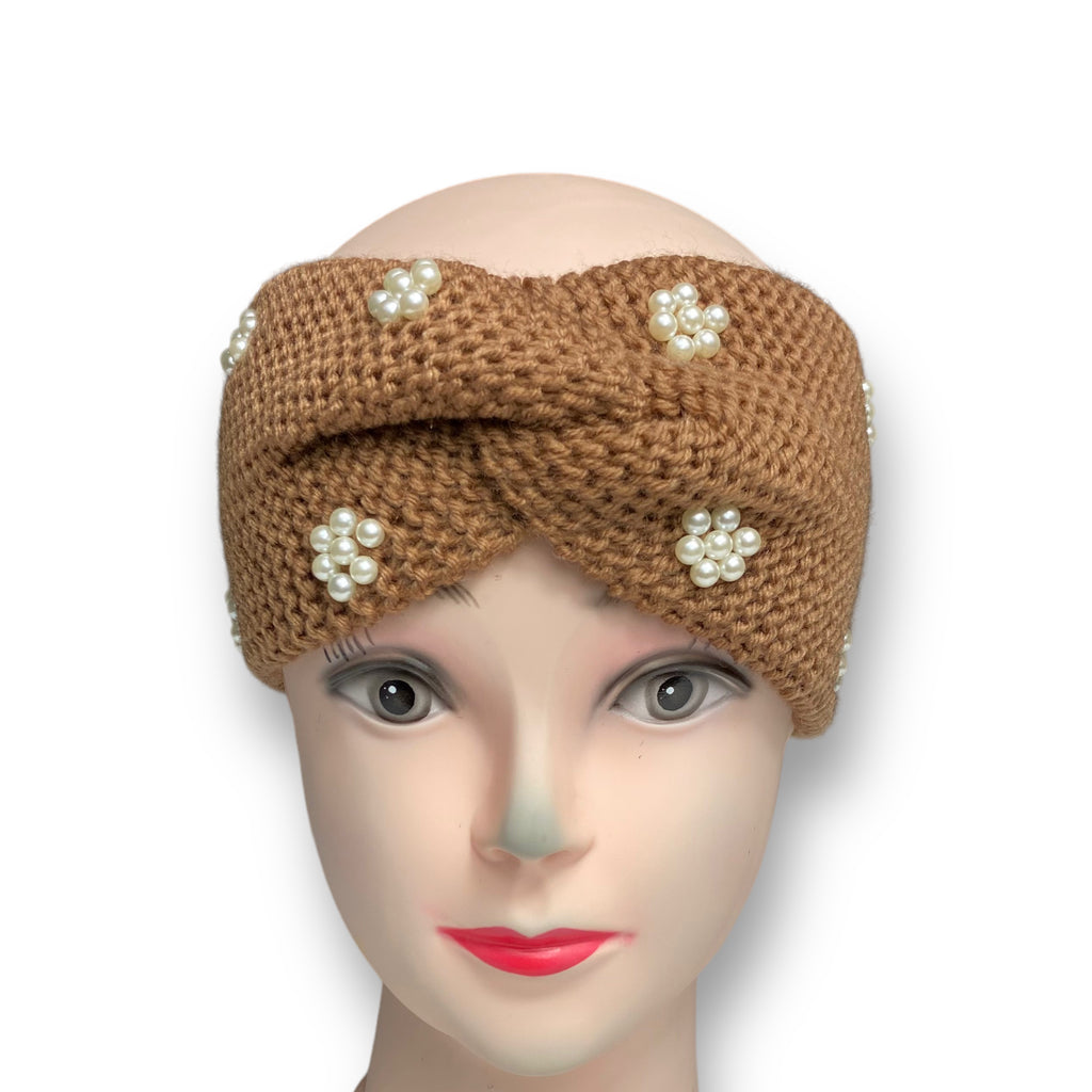 Women's Winter Knitted Headband Pearl Beads Ear Warmer Hairband – Brown