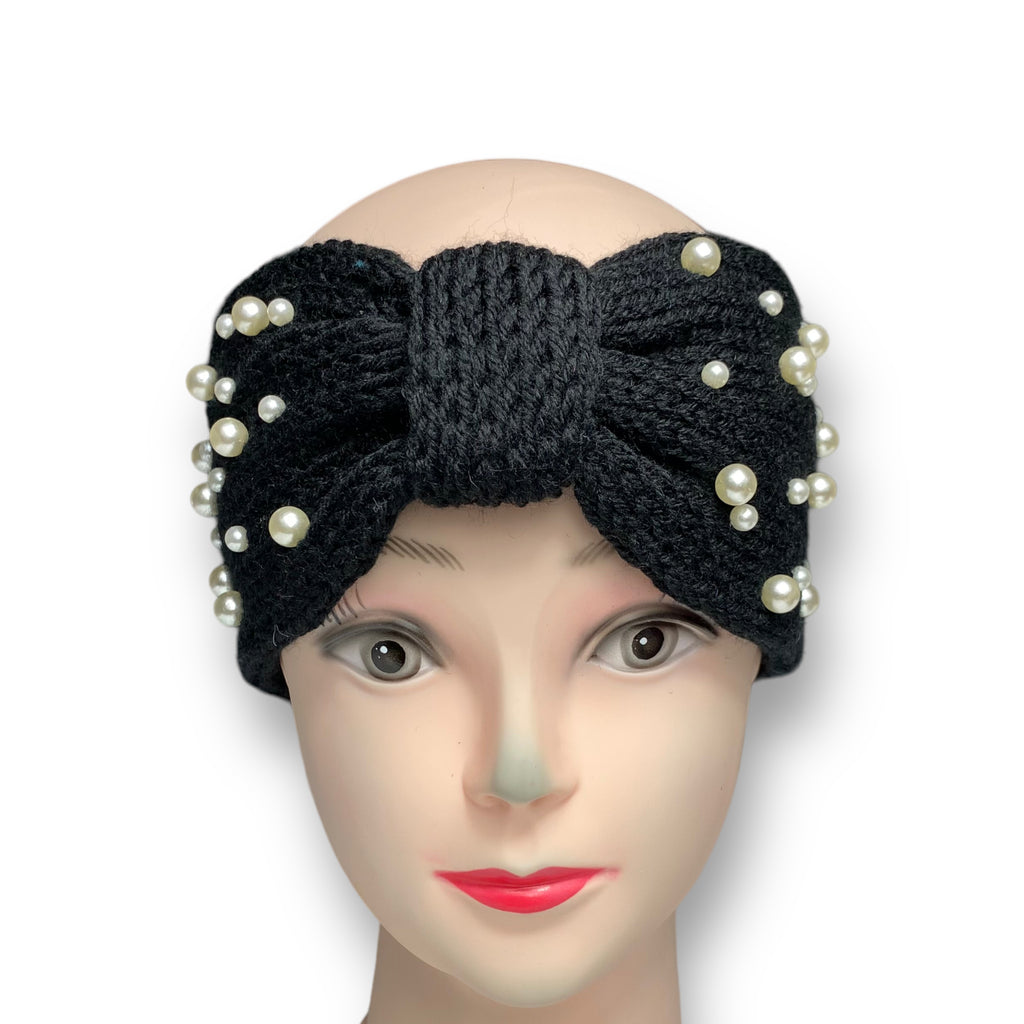 Women's Winter Knitted Ear Warmer Headband with Pearl Beads – Black