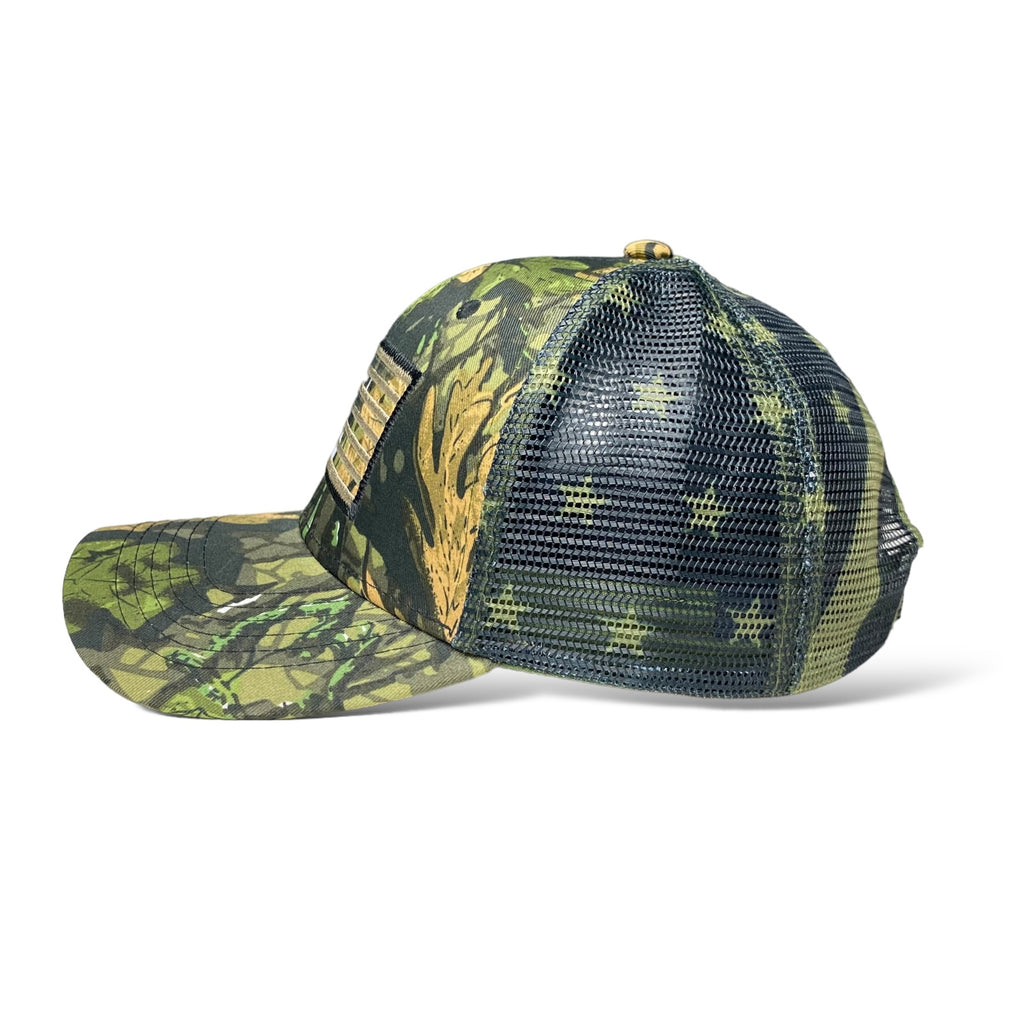 Trucker Hat with Camouflage Design, Embroidered USA Flag, and Tree & Leaf Patter