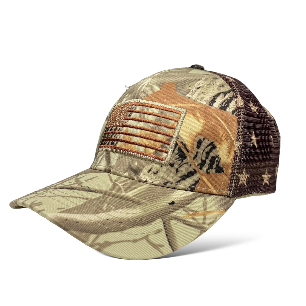 Trucker Hat with Camouflage Pattern, Embroidered USA Flag, Tree & Leaf Design