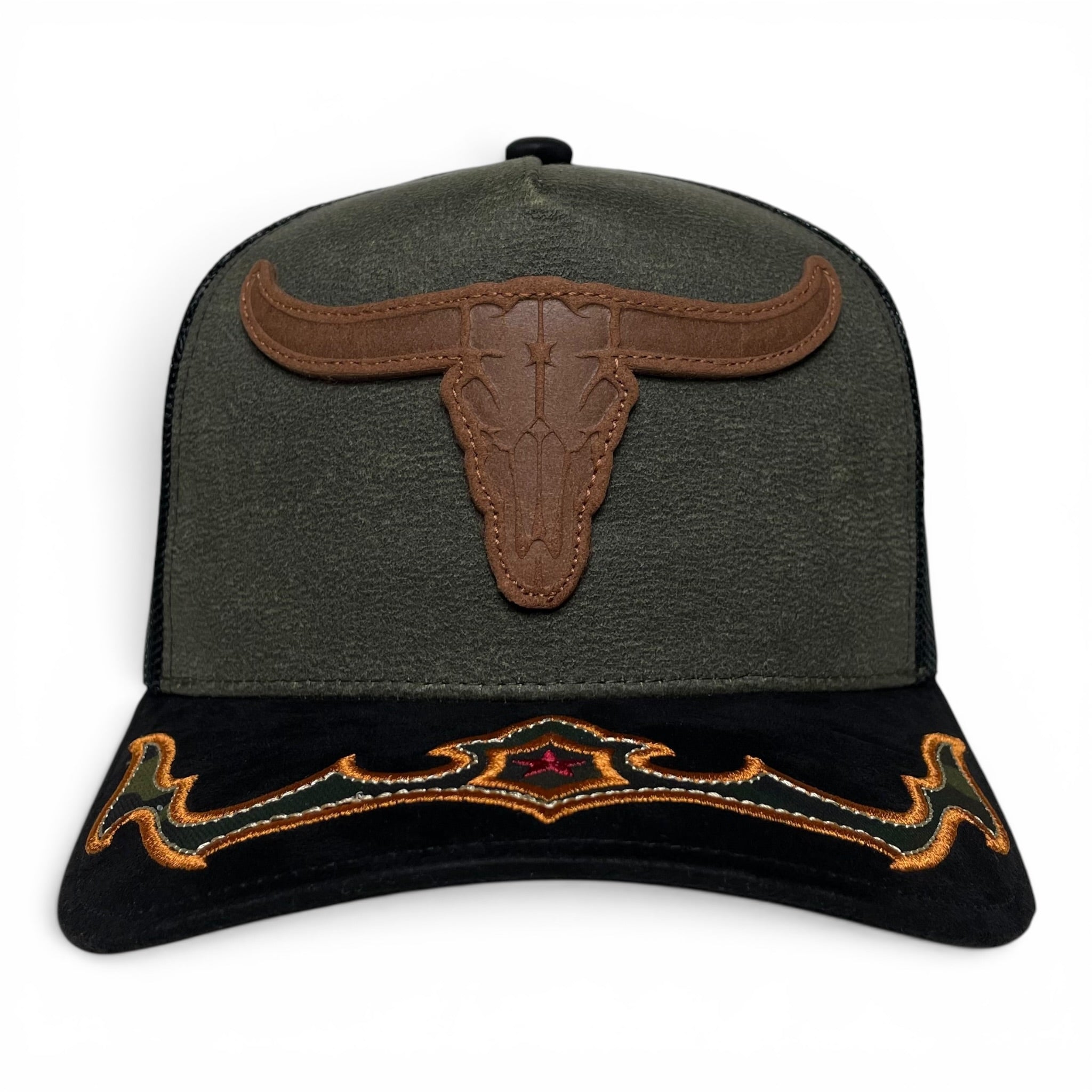 Cowboy Bull Longhorn Rodeo Western Trucker Hat, Suede Brim