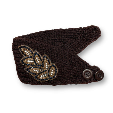 Dark brown women's winter knit wool headband designed as an ear warmer turban hat, perfect for warmth and a touch of sophistication during cold days.