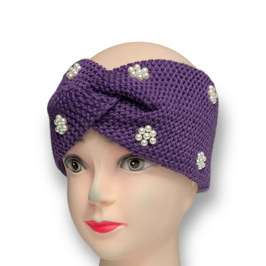 Purple women's knitted winter ear warmer headband with pearls, designed to keep you warm while adding a stylish and elegant touch to your look.