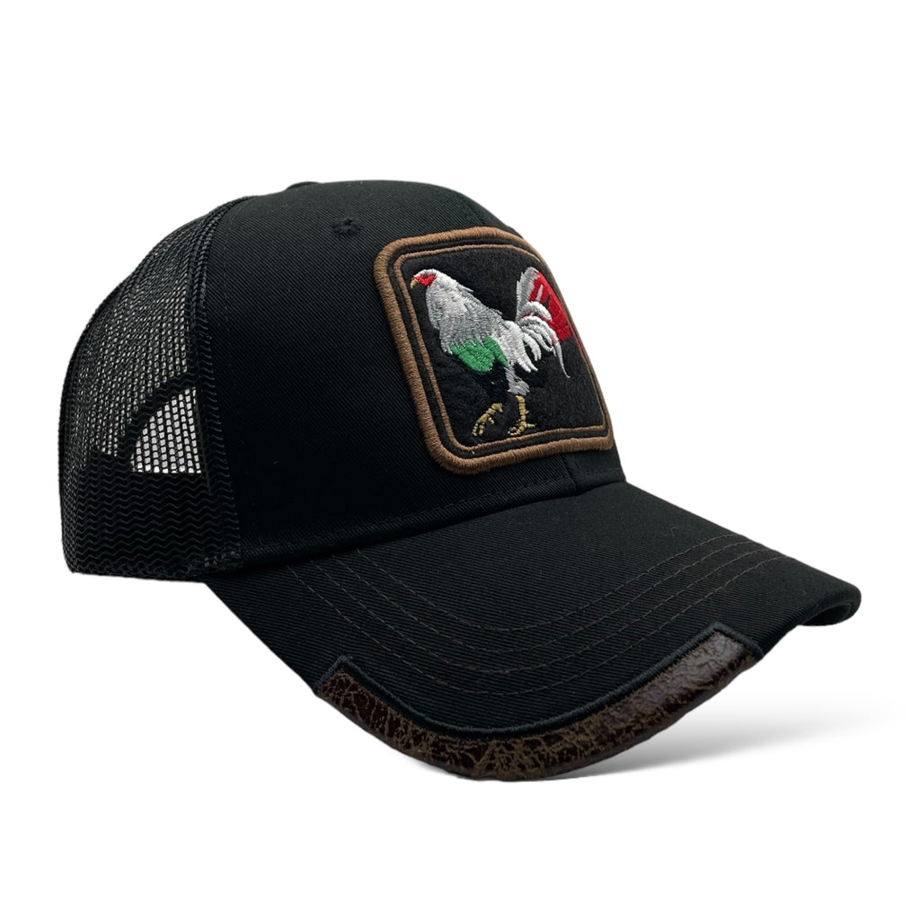 Wholesale Black Trucker Snapback Baseball Cap with Mexican Rooster Design - Mesh, Curved Bill