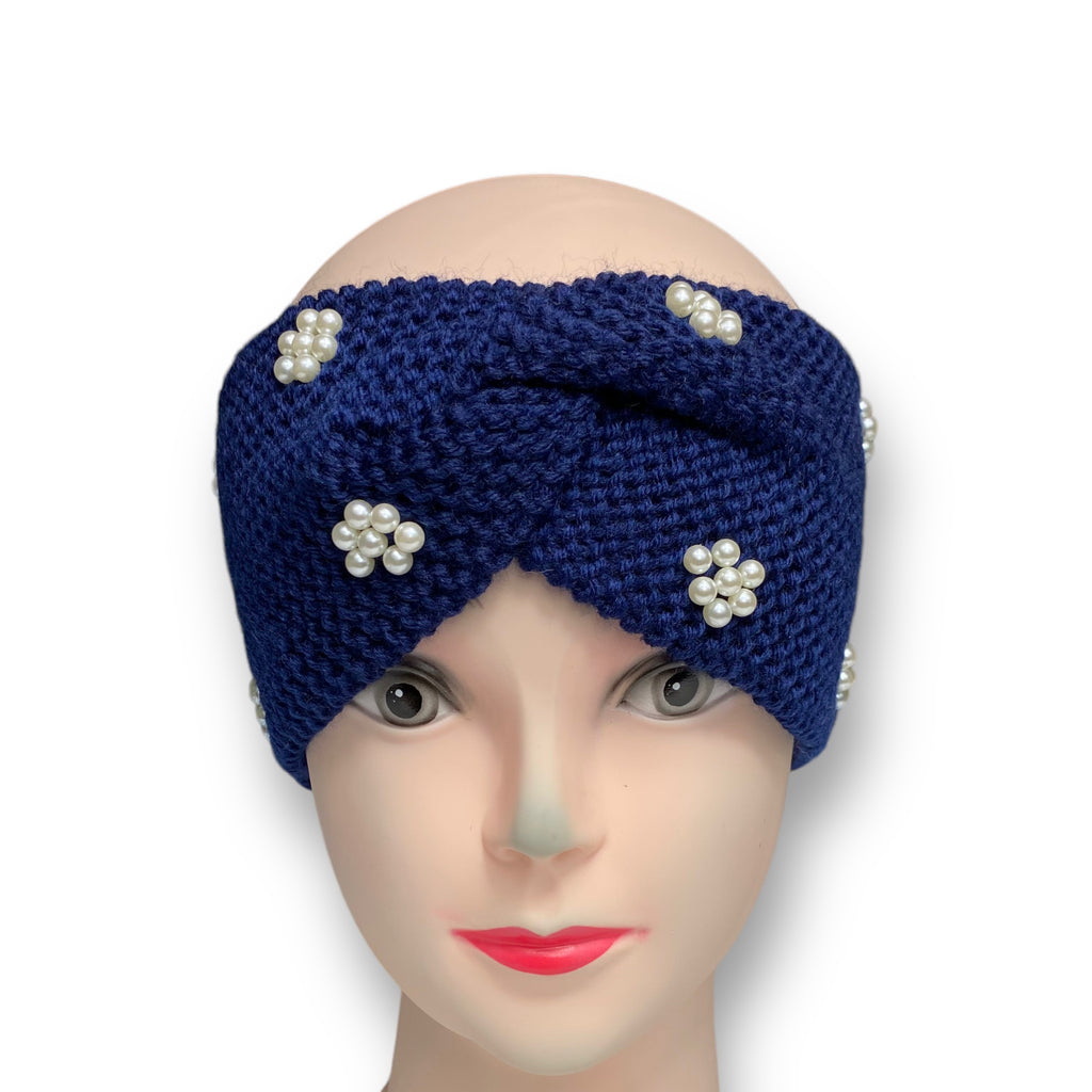 Women's Winter Knitted Headband Pearl Beads Ear Warmer Hairband – Navy