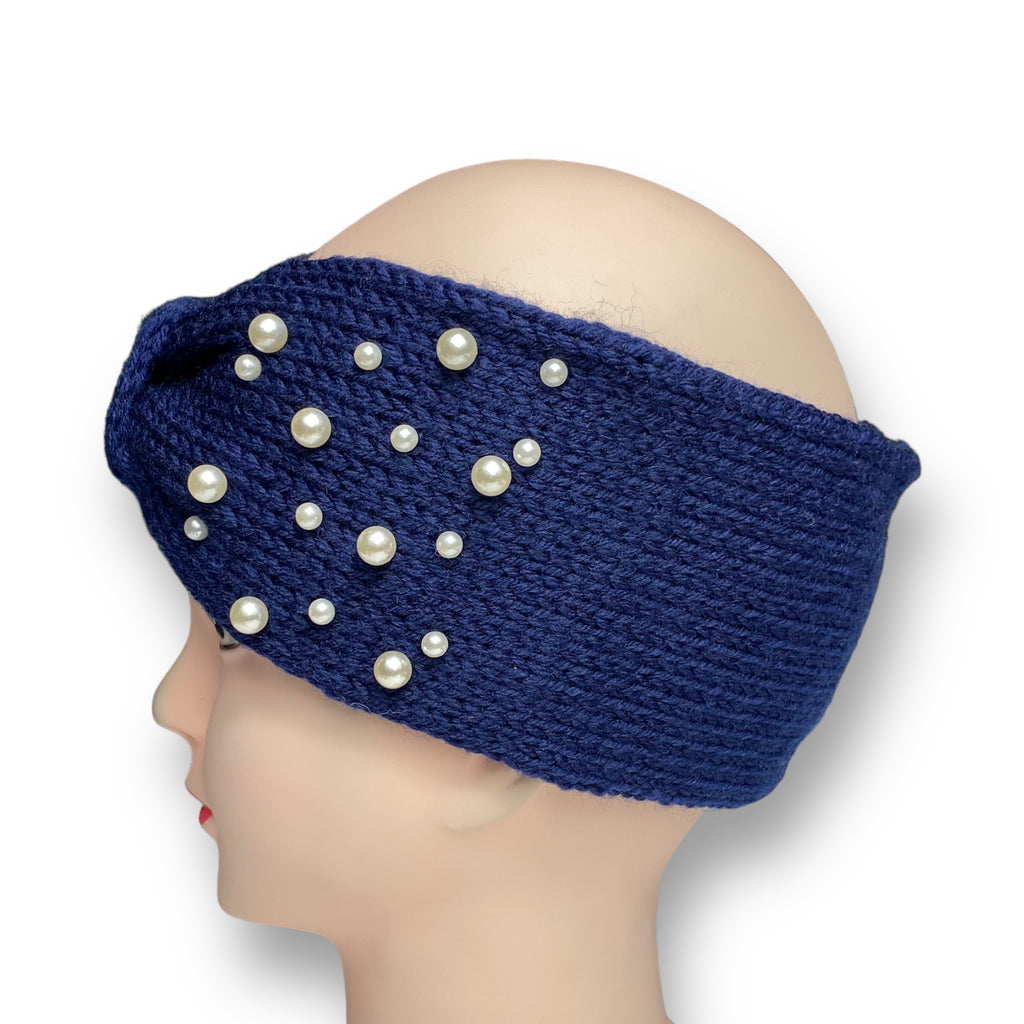 Women's Winter Knitted Ear Warmer Headband with Pearl Beads – Navy