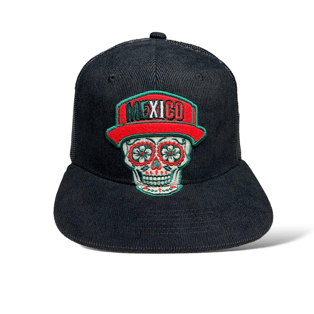 Traditional Mexican Skull Embroidered Flat Brim Corduroy Snapback Cap