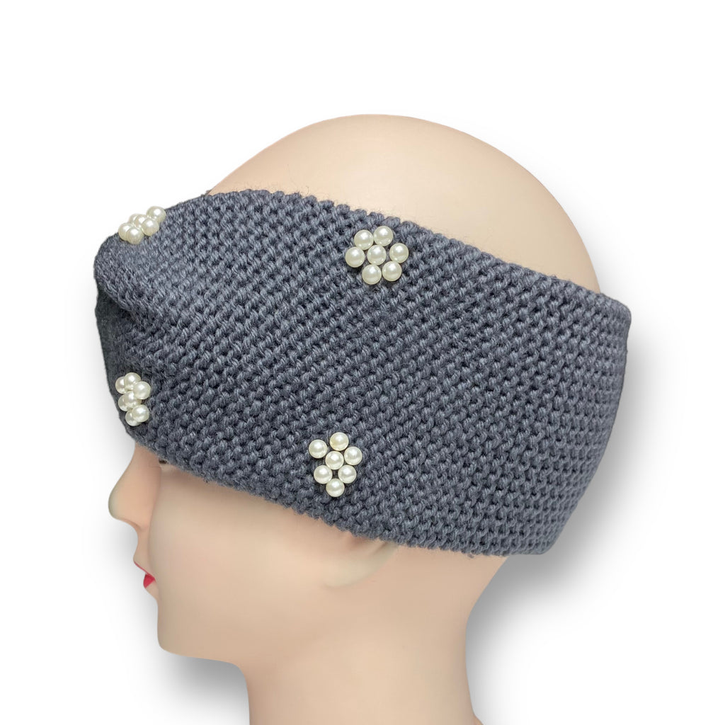 Women Crochet Knitted Turban Headband Pearl Bead Hairband Ear Warmer