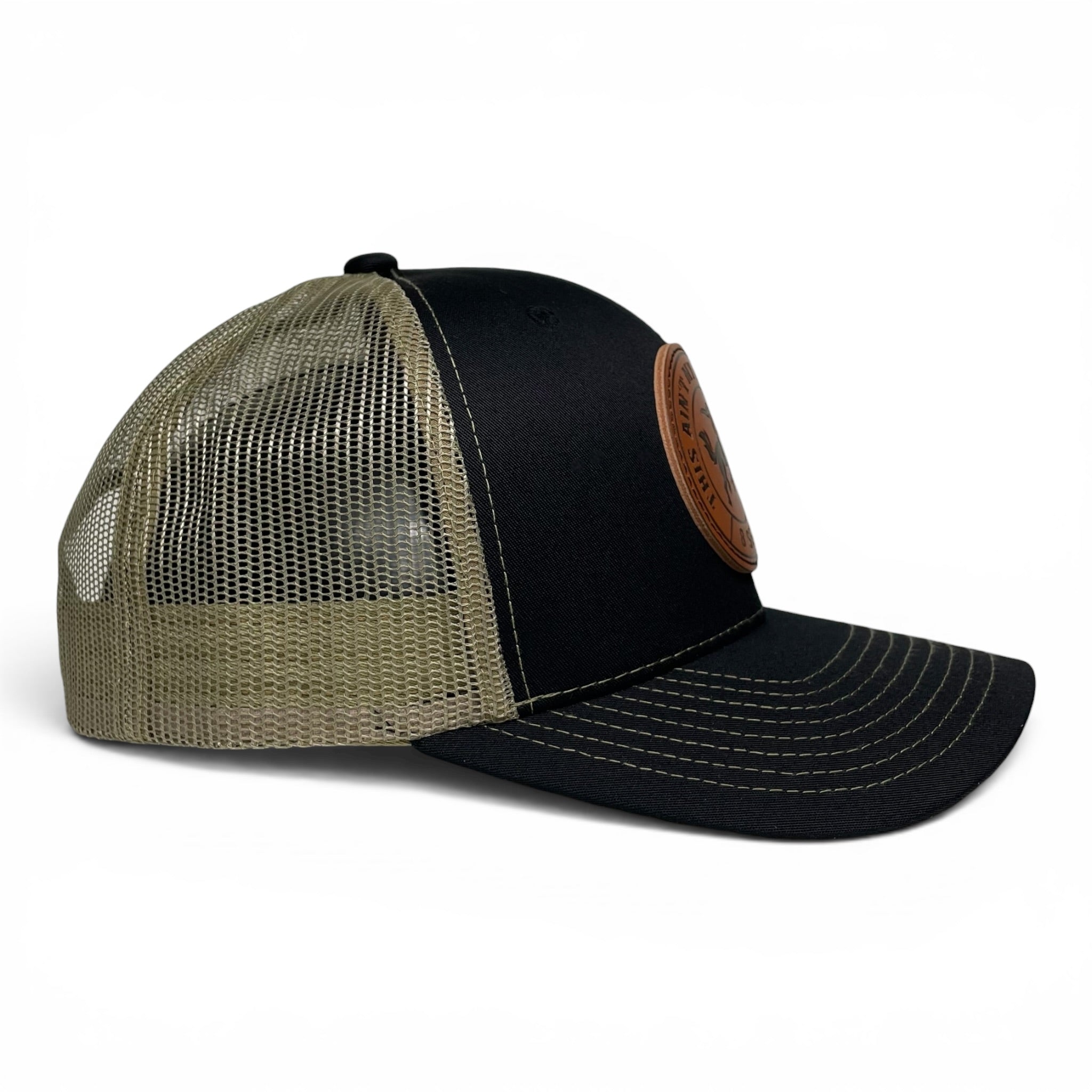 Cowboy Horse Rodeo Leather Patch Trucker Hat, Black