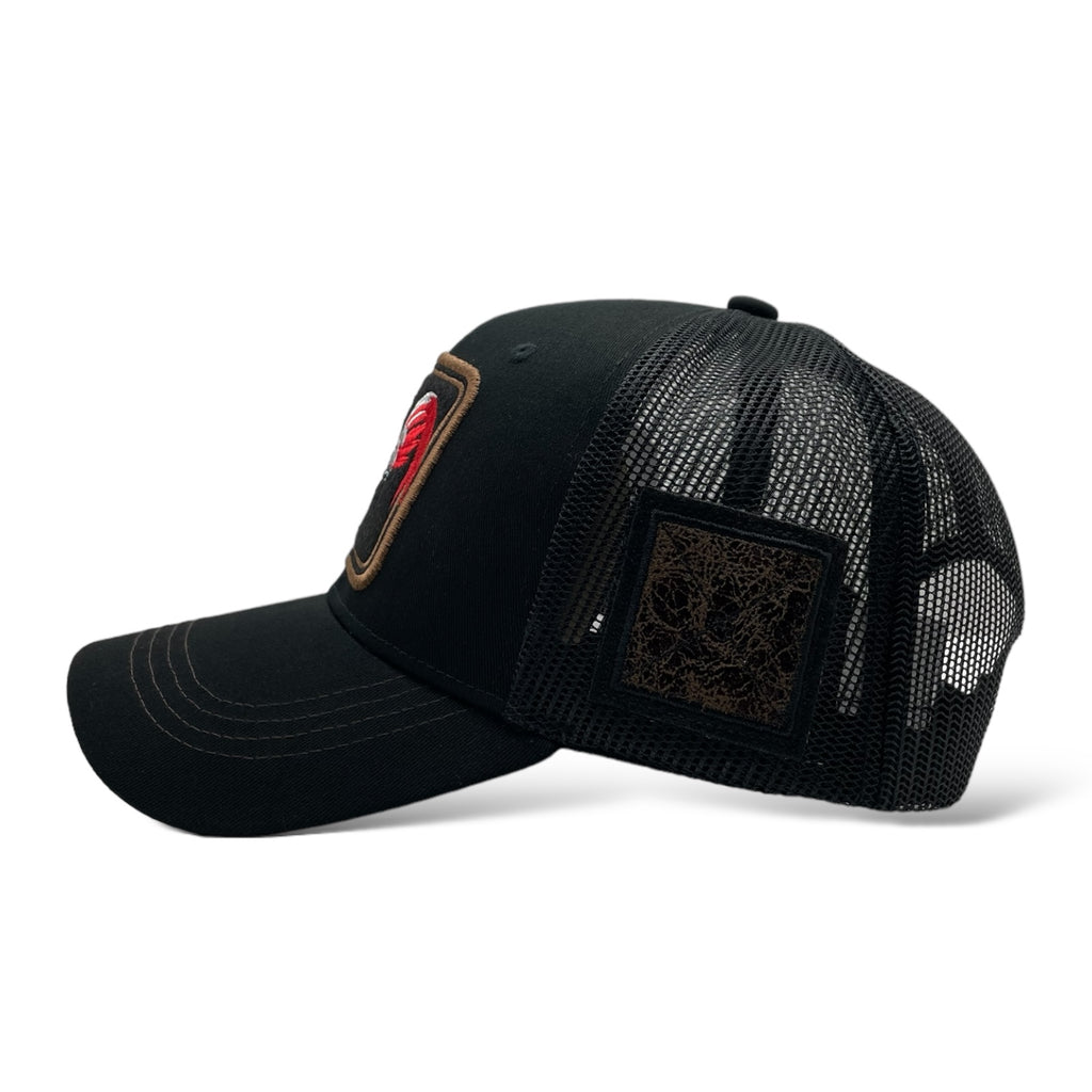 Wholesale Black Trucker Snapback Baseball Cap with Mexican Rooster Design - Mesh, Curved Bill