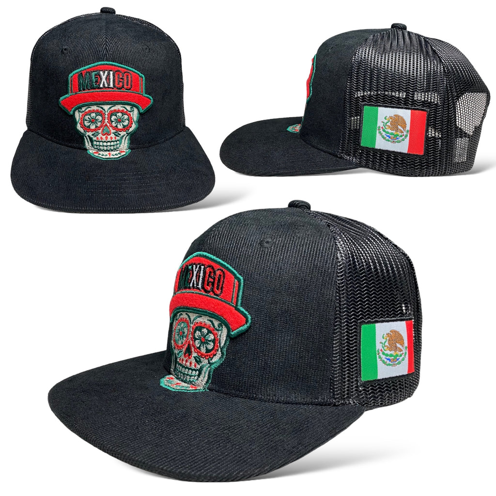 Traditional Mexican Skull Embroidered Flat Brim Corduroy Snapback Cap