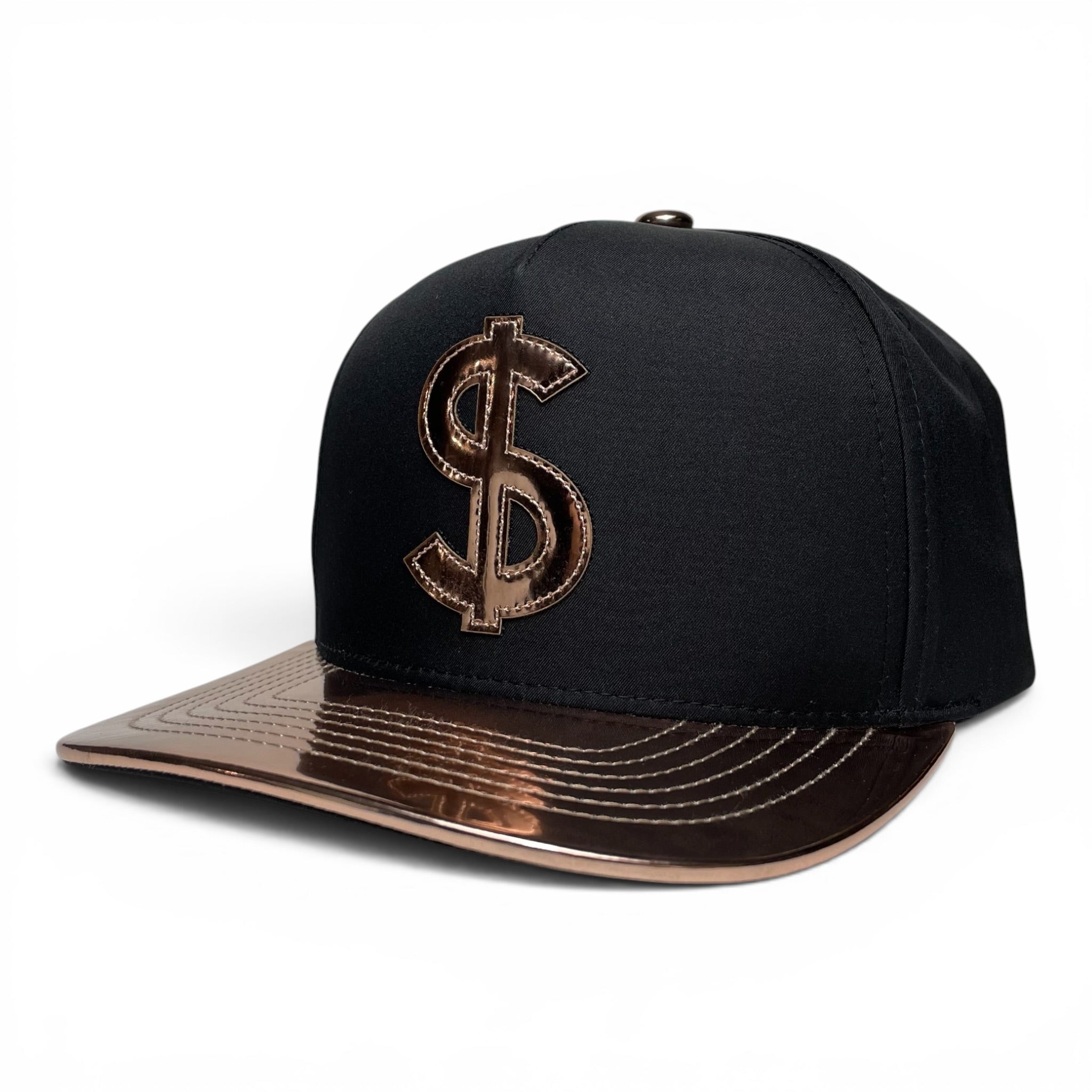 Dollar Sign Snapback Hat, Gold & Black, Vinyl Flat Brim, Money Logo