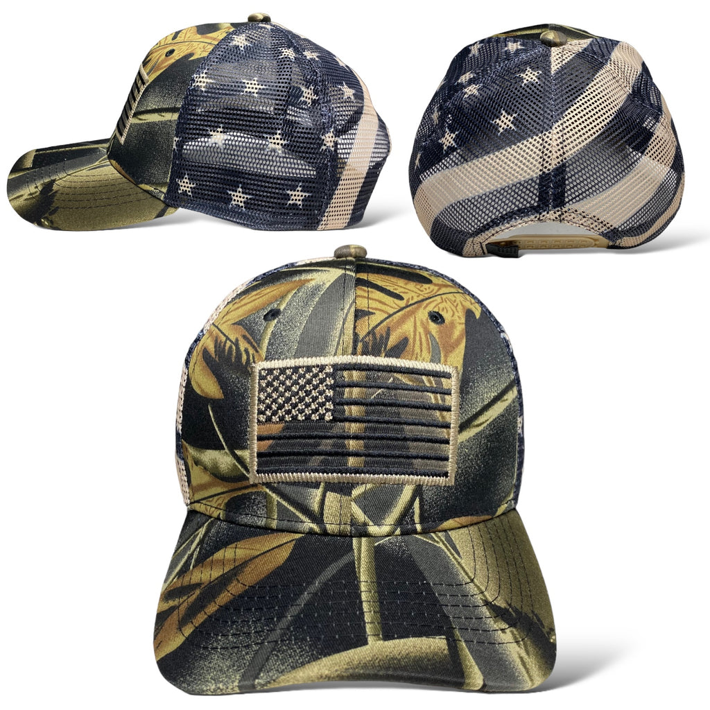 US American Flag Embroidered Patch Adjustable Camo Trucker Cap