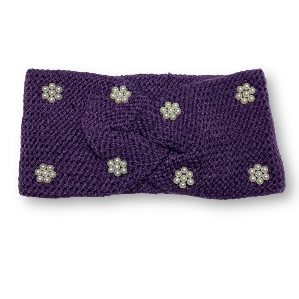 Women's Winter Knitted Pearls Ear Warmer Headband Hairband -Purple