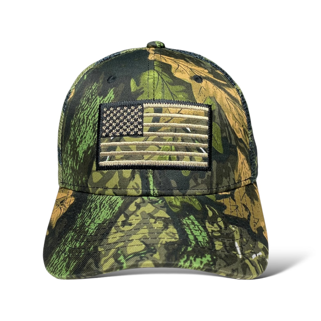 Camouflage Trucker Hat with Embroidered USA Flag - Tree and Leaf Pattern Cap