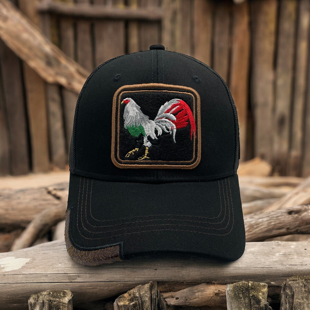 Wholesale Black Trucker Snapback Baseball Cap with Mexican Rooster Design - Mesh, Curved Bill