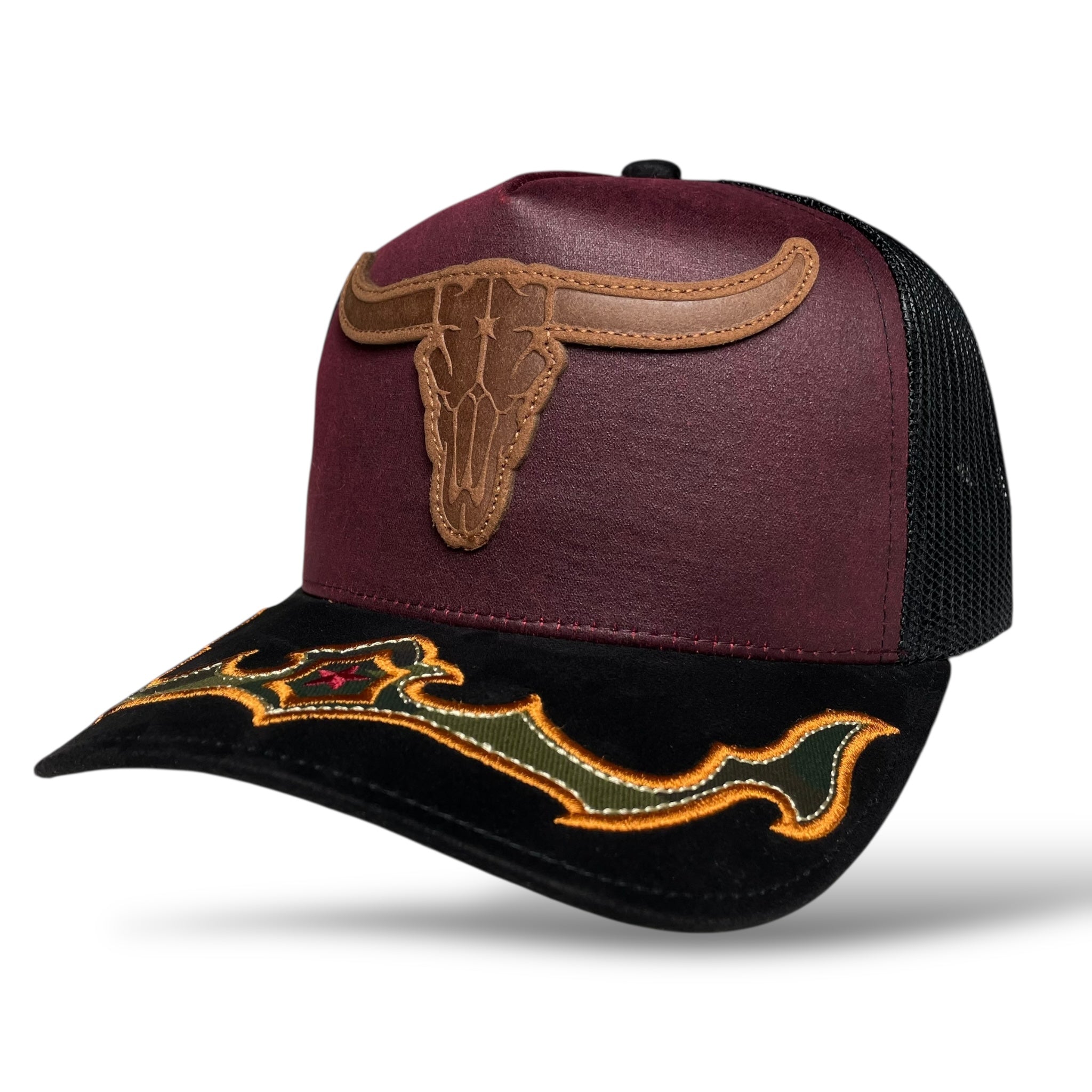 Cowboy Bull Longhorn Rodeo Western Trucker Hat with Suede Brim