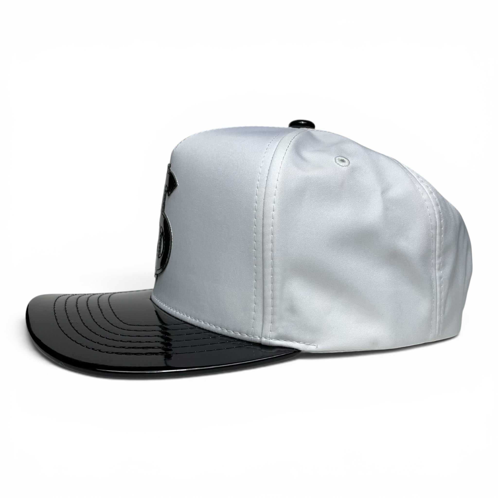 Dollar Sign Money Logo Snapback Hat, White and Black, Vinyl Flat Brim