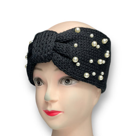 Black women's knitted winter ear warmer headband with pearl beads, perfect for staying warm while adding a touch of elegance to your winter outfit.