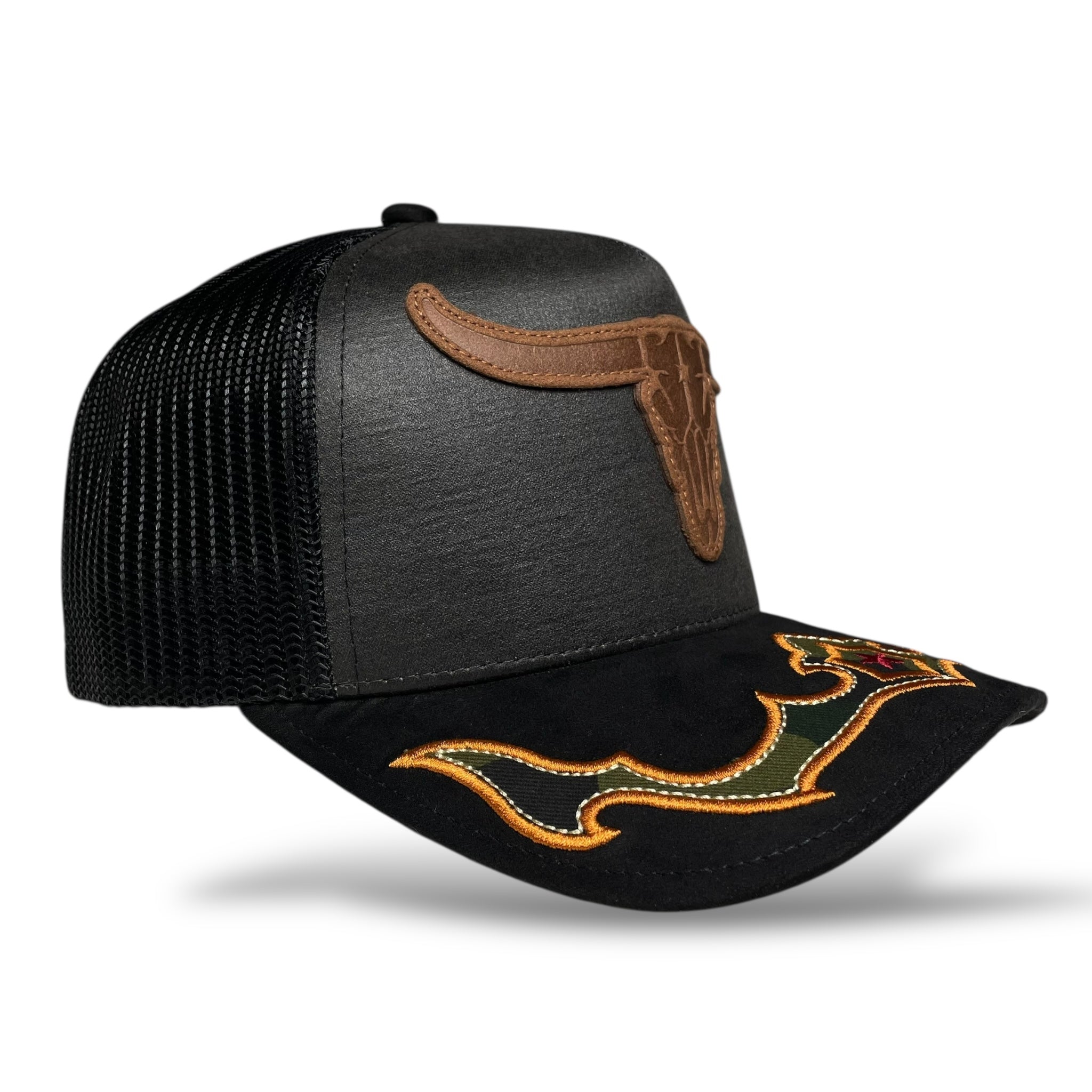 Cowboy Bull Longhorn Rodeo Western Trucker Hat with Suede Brim - Black