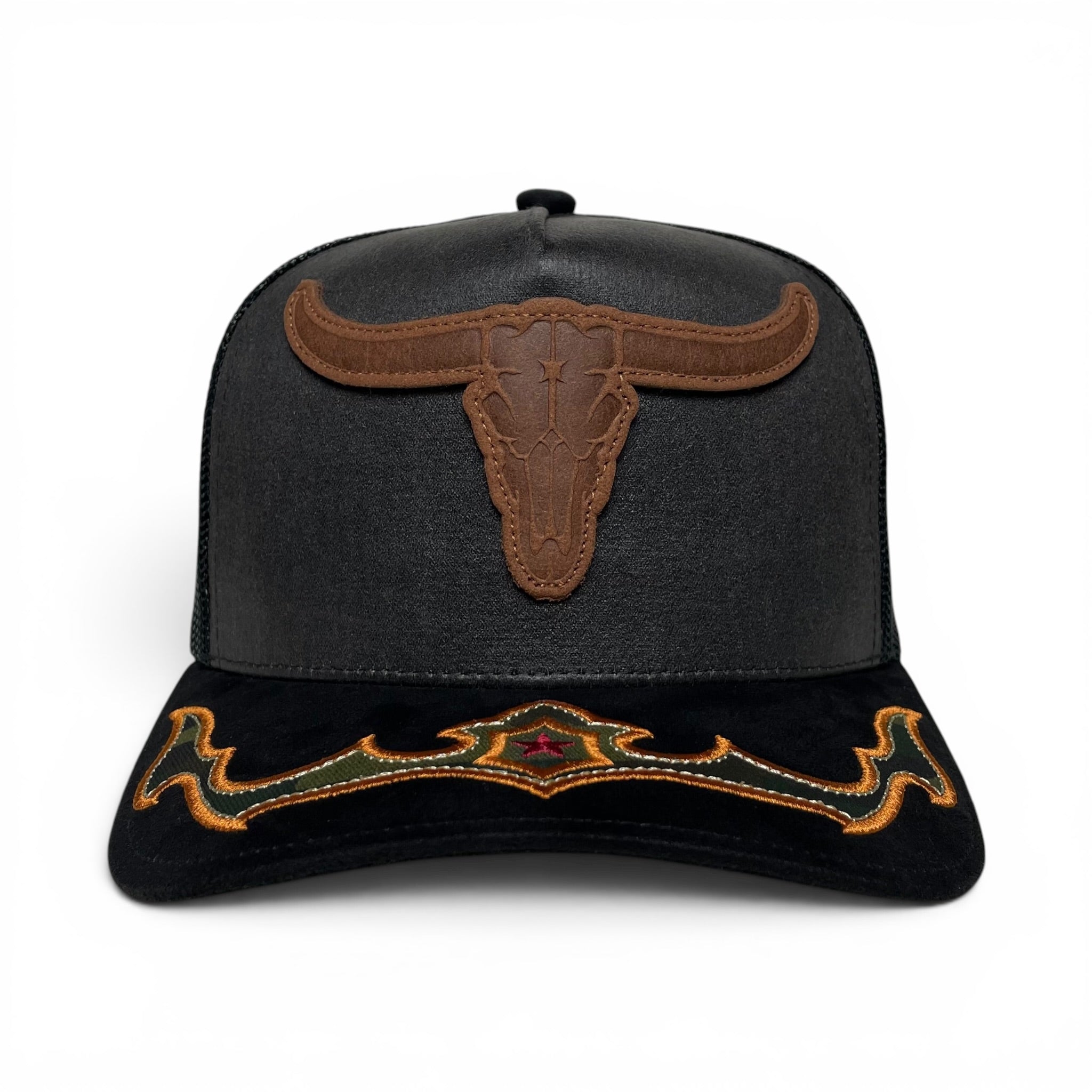 Cowboy Bull Longhorn Rodeo Western Trucker Hat with Suede Brim - Black