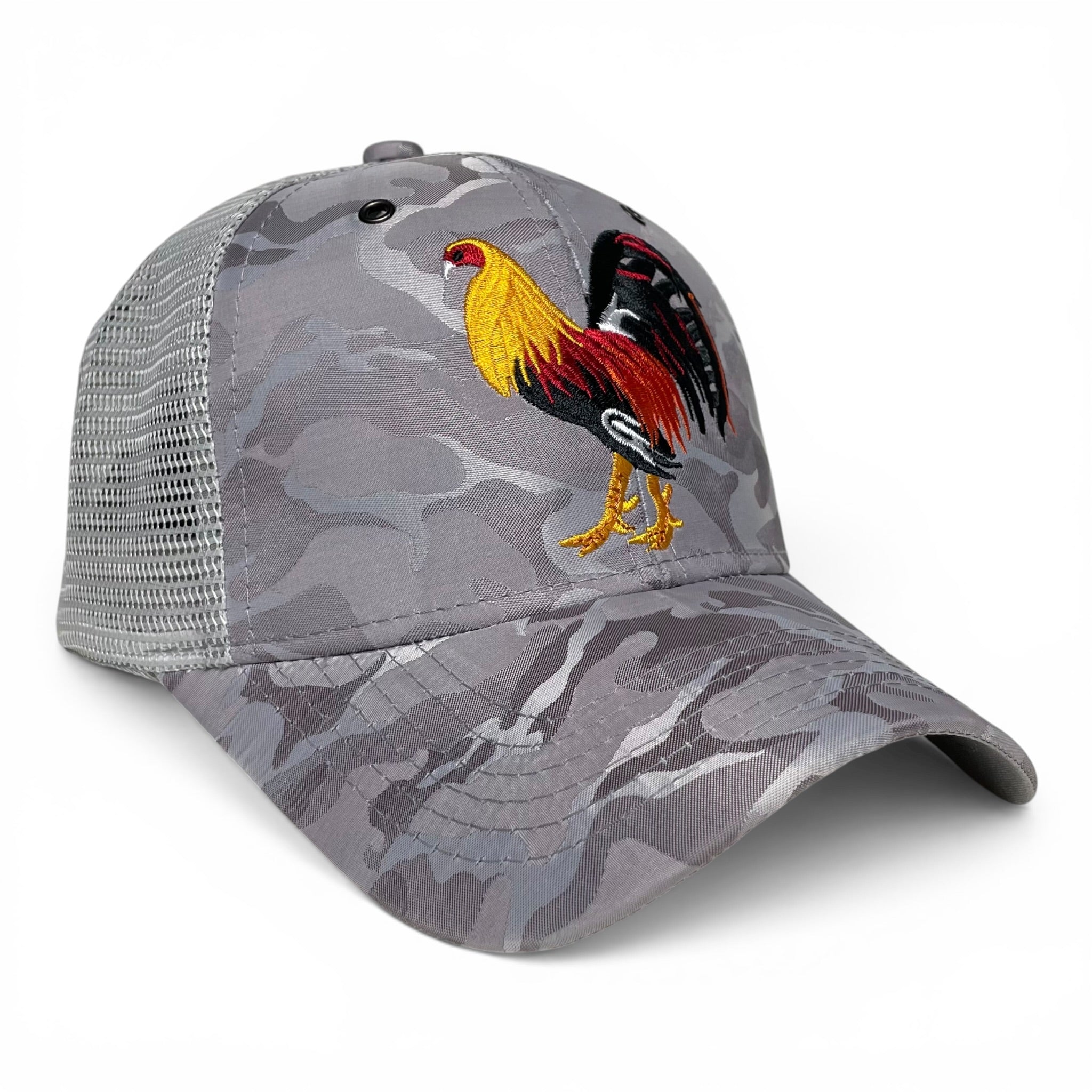Rooster Embroidered Trucker Snapback Cap Gray Camo Rodeo Style