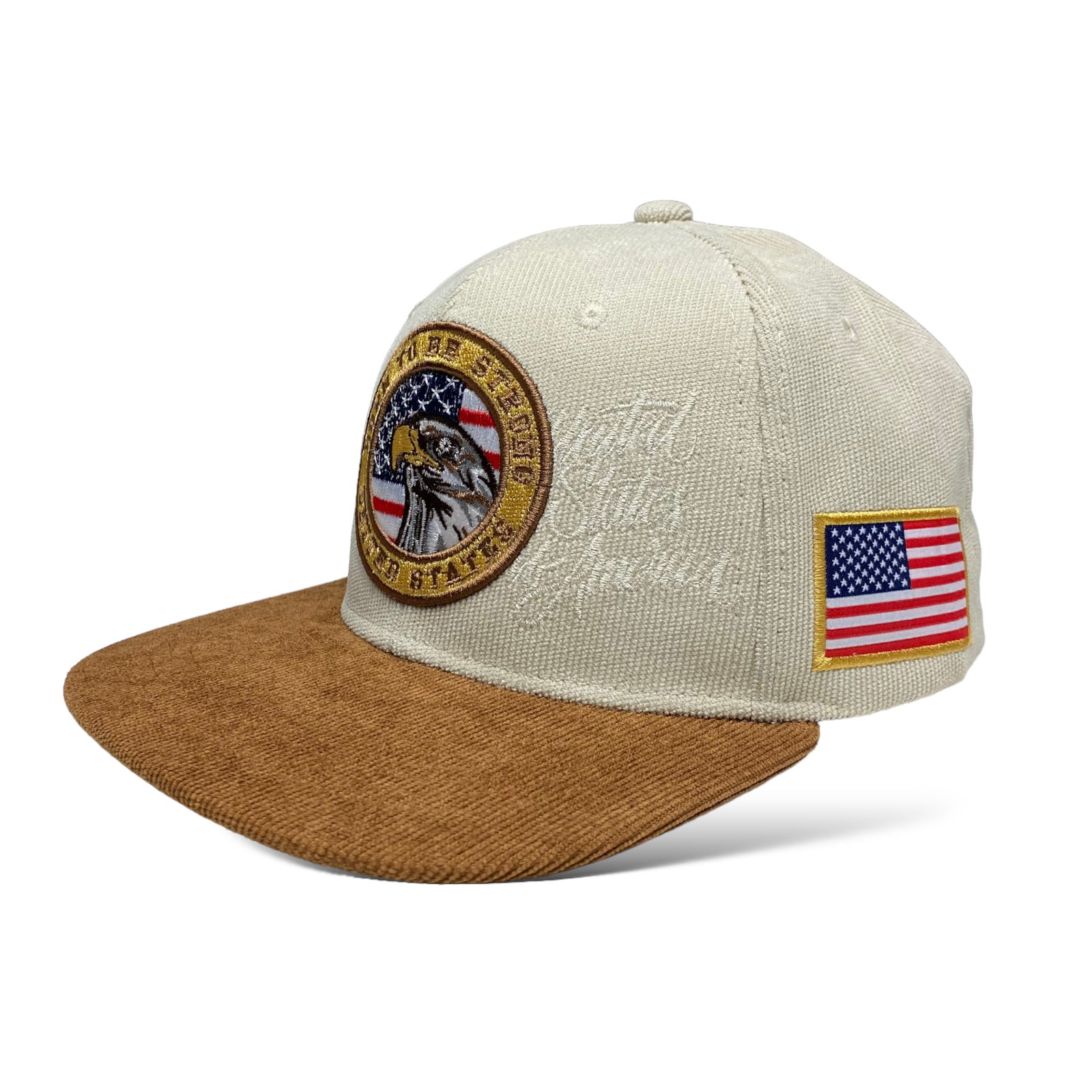 USA Flag Eagle Embroidered Snapback Cap, Corduroy, Flat Brim