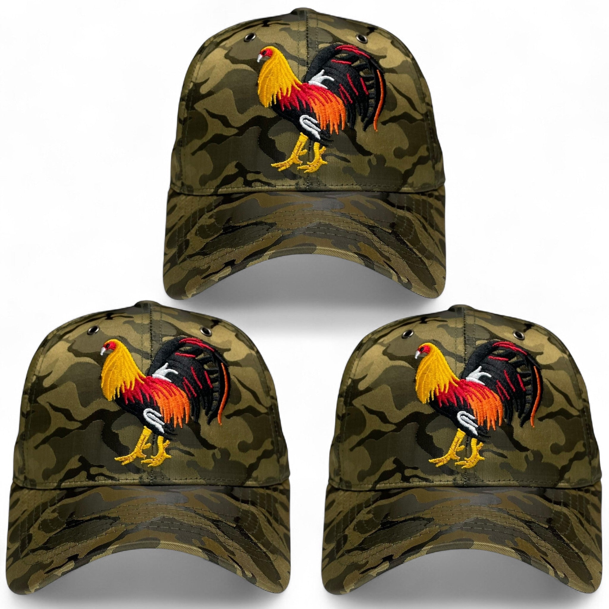 Pack of 3 camo baseball caps with rooster embroidered design, Western style, adjustable closure, ideal for casual wear, events, or resale.