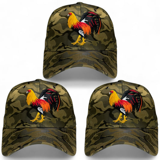 Pack of 3 camo baseball caps with rooster embroidered design, Western style, adjustable closure, ideal for casual wear, events, or resale.