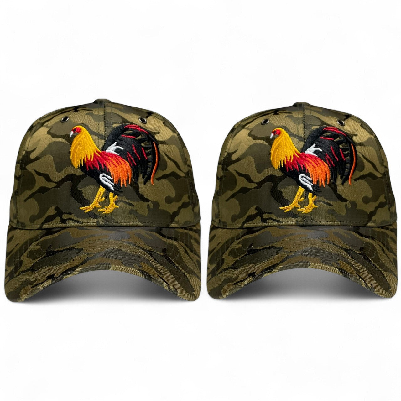 Pack of 2 olive camo baseball caps with rooster embroidered design, Western style, adjustable closure, ideal for casual wear or events.