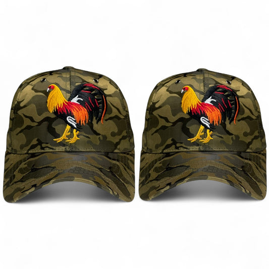 Pack of 2 olive camo baseball caps with rooster embroidered design, Western style, adjustable closure, ideal for casual wear or events.