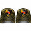 Pack of 2 olive camo baseball caps with rooster embroidered design, Western style, adjustable closure, ideal for casual wear or events.