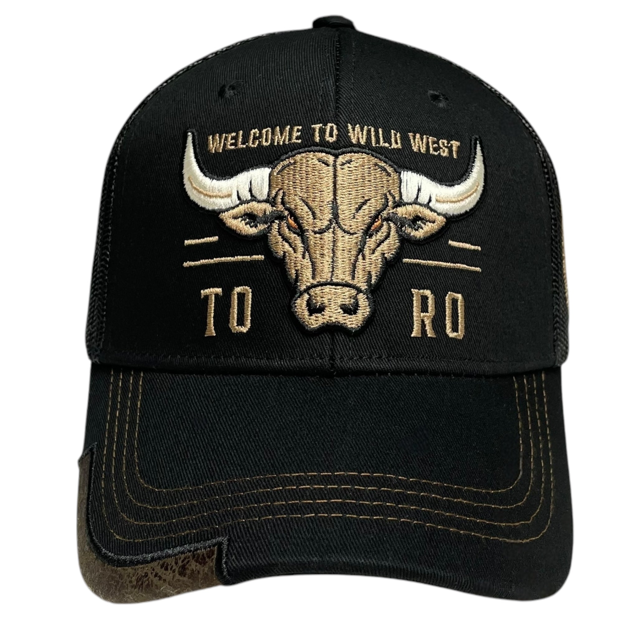Gorra negra con toro bordado, estilo western rodeo, inspirada en la cultura vaquera mexicana, perfecta para hombres.

