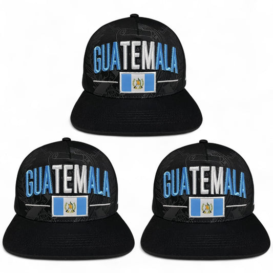 Pack of 3 Guatemala flag 3D embroidered snapback caps, adjustable closure, stylish patriotic design, ideal for casual wear or events.